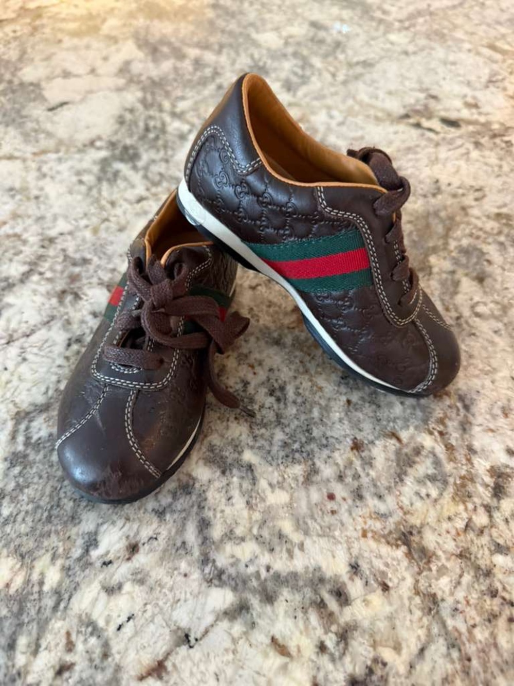 Gucci Brown Leather Toddler Sneakers with Green-Red Web